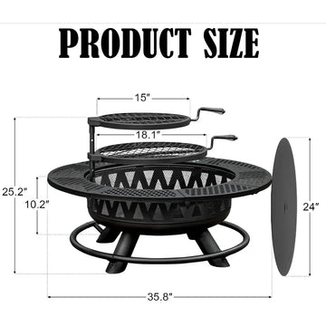 36/42/47-Inch Wood Burning Patio Fire Pit - 3-in-1 Round Metal Table with Lid, 2 Grills, Fire-Ring Safety, Floor Mount for Backyard Group Gatherings, Outdoor Use