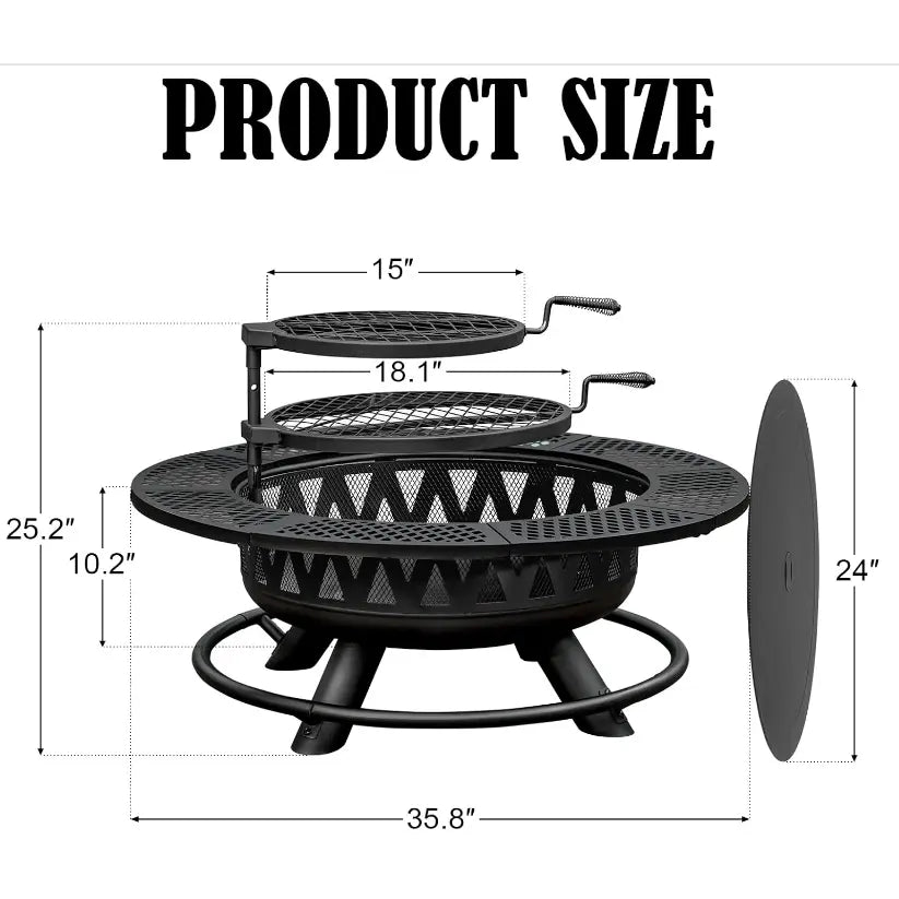 36/42/47-Inch Wood Burning Patio Fire Pit - 3-in-1 Round Metal Table with Lid, 2 Grills, Fire-Ring Safety, Floor Mount for Backyard Group Gatherings, Outdoor Use