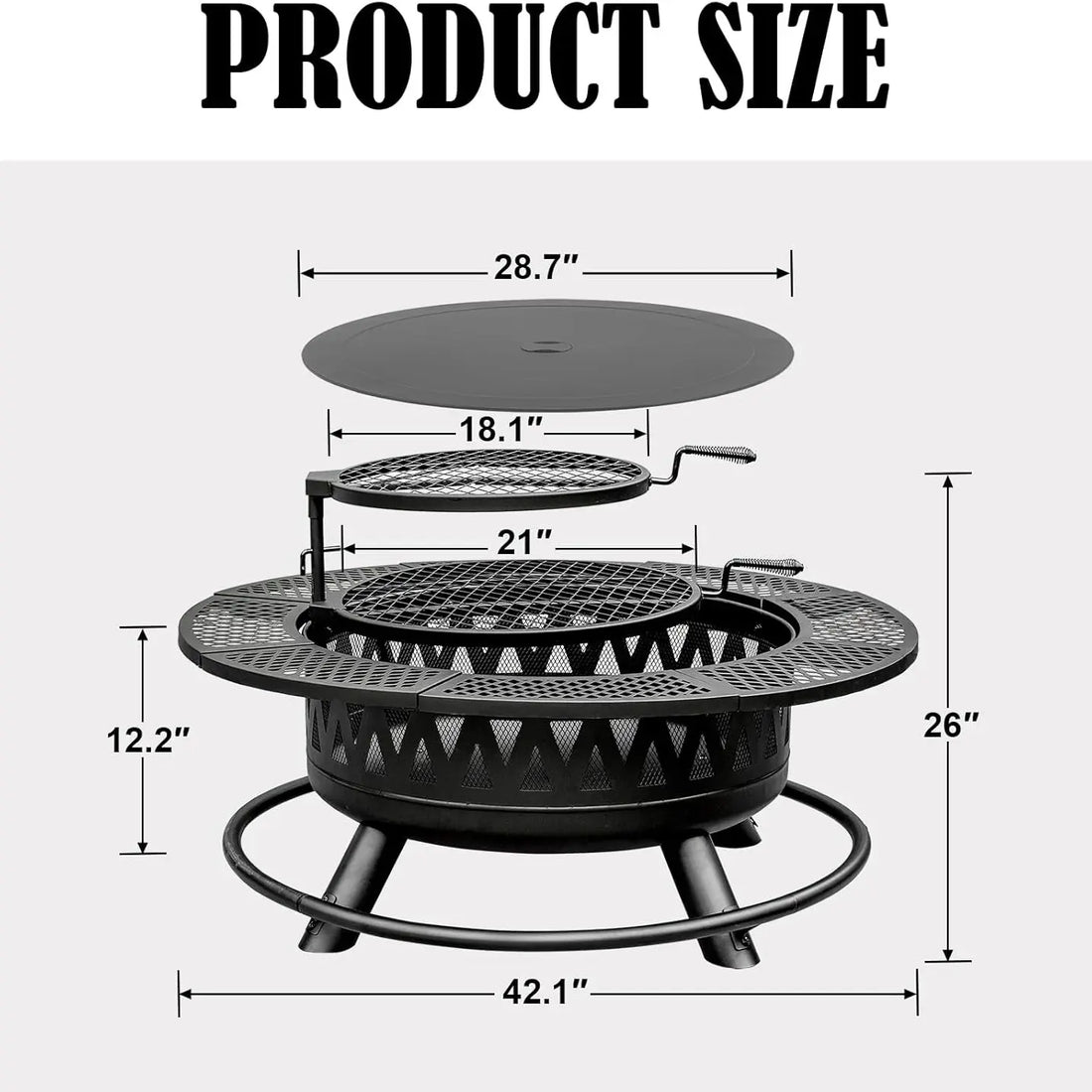 36/42/47-Inch Wood Burning Patio Fire Pit - 3-in-1 Round Metal Table with Lid, 2 Grills, Fire-Ring Safety, Floor Mount for Backyard Group Gatherings, Outdoor Use