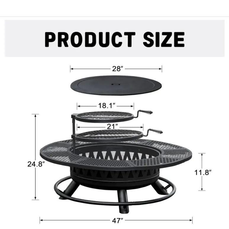 36/42/47-Inch Wood Burning Patio Fire Pit - 3-in-1 Round Metal Table with Lid, 2 Grills, Fire-Ring Safety, Floor Mount for Backyard Group Gatherings, Outdoor Use
