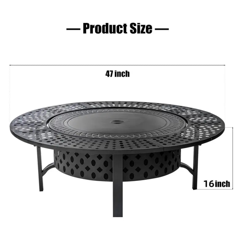 36/42/47-Inch Wood Burning Patio Fire Pit - 3-in-1 Round Metal Table with Lid, 2 Grills, Fire-Ring Safety, Floor Mount for Backyard Group Gatherings, Outdoor Use