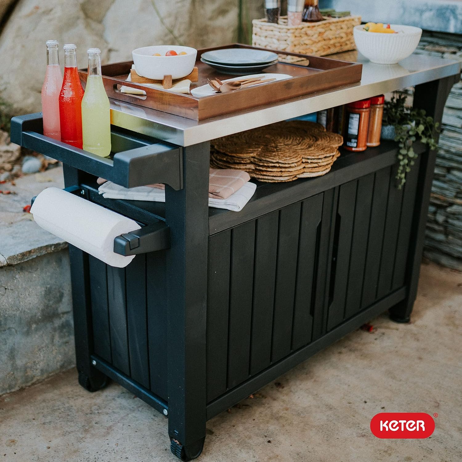 Portable Outdoor Table with Stainless Steel Top for Kitchen Prep and Outdoor Storage Cabinet for Grilling Accessories, Dark Grey