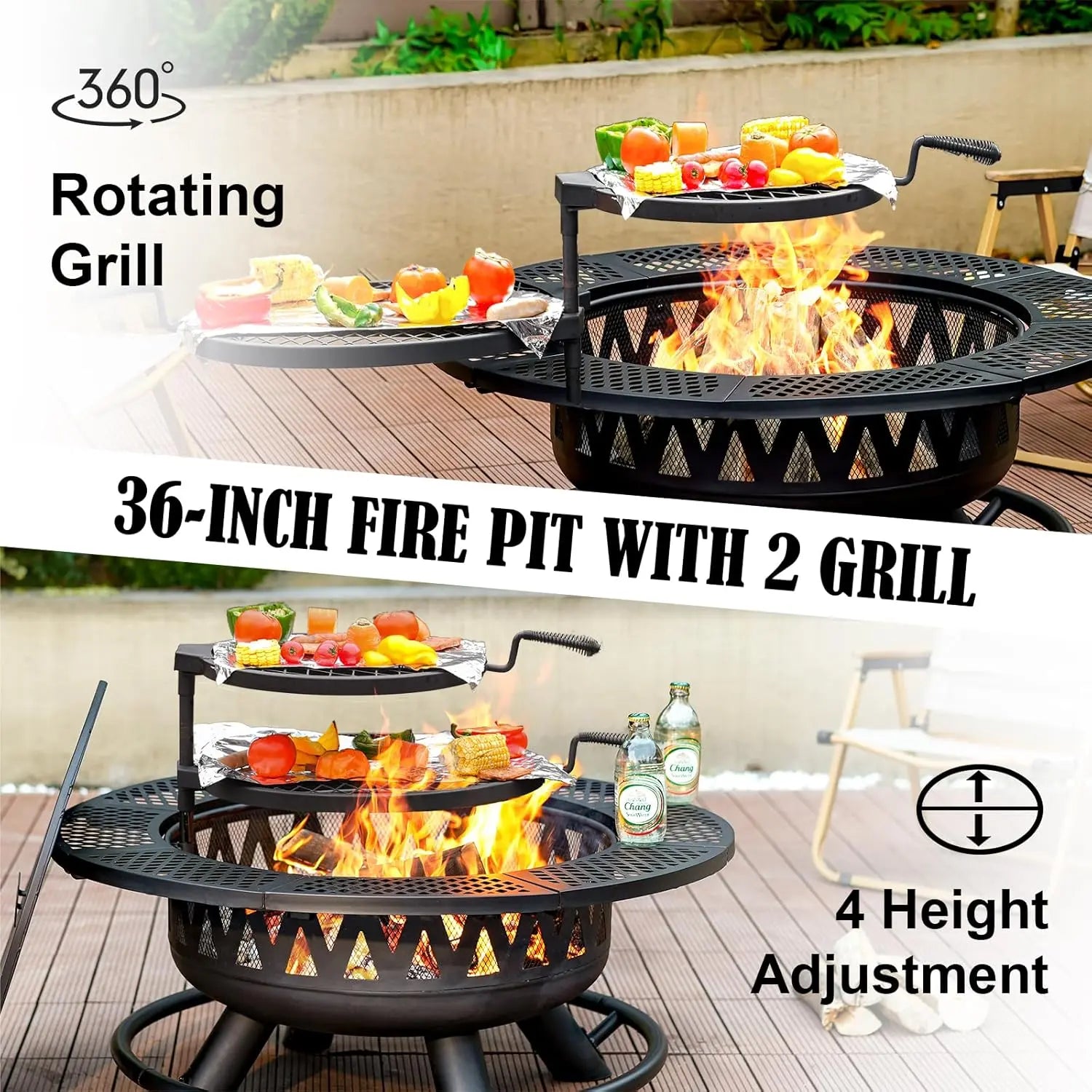 36/42/47-Inch Wood Burning Patio Fire Pit - 3-in-1 Round Metal Table with Lid, 2 Grills, Fire-Ring Safety, Floor Mount for Backyard Group Gatherings, Outdoor Use