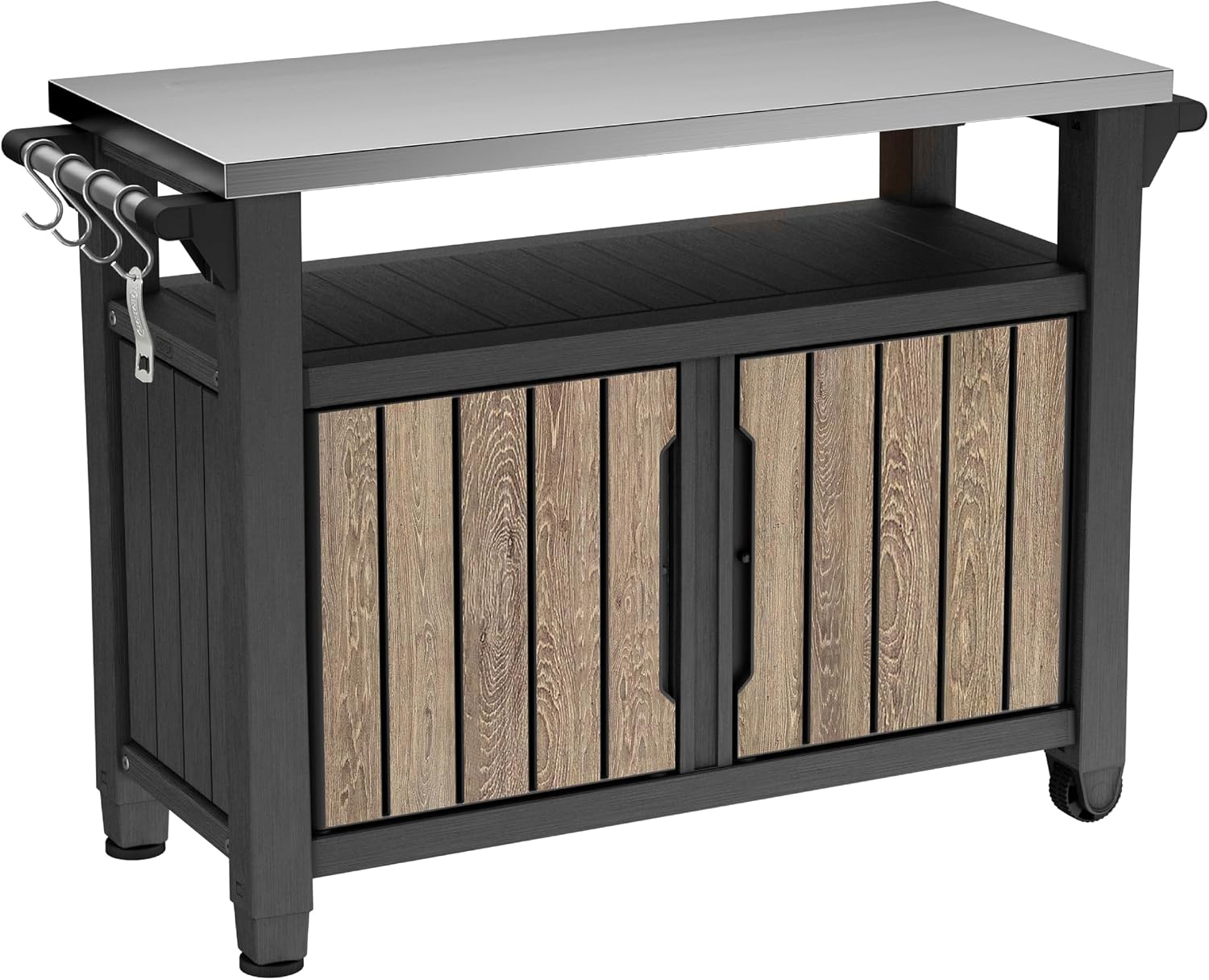 Portable Outdoor Table with Stainless Steel Top for Kitchen Prep and Outdoor Storage Cabinet for Grilling Accessories, Dark Grey