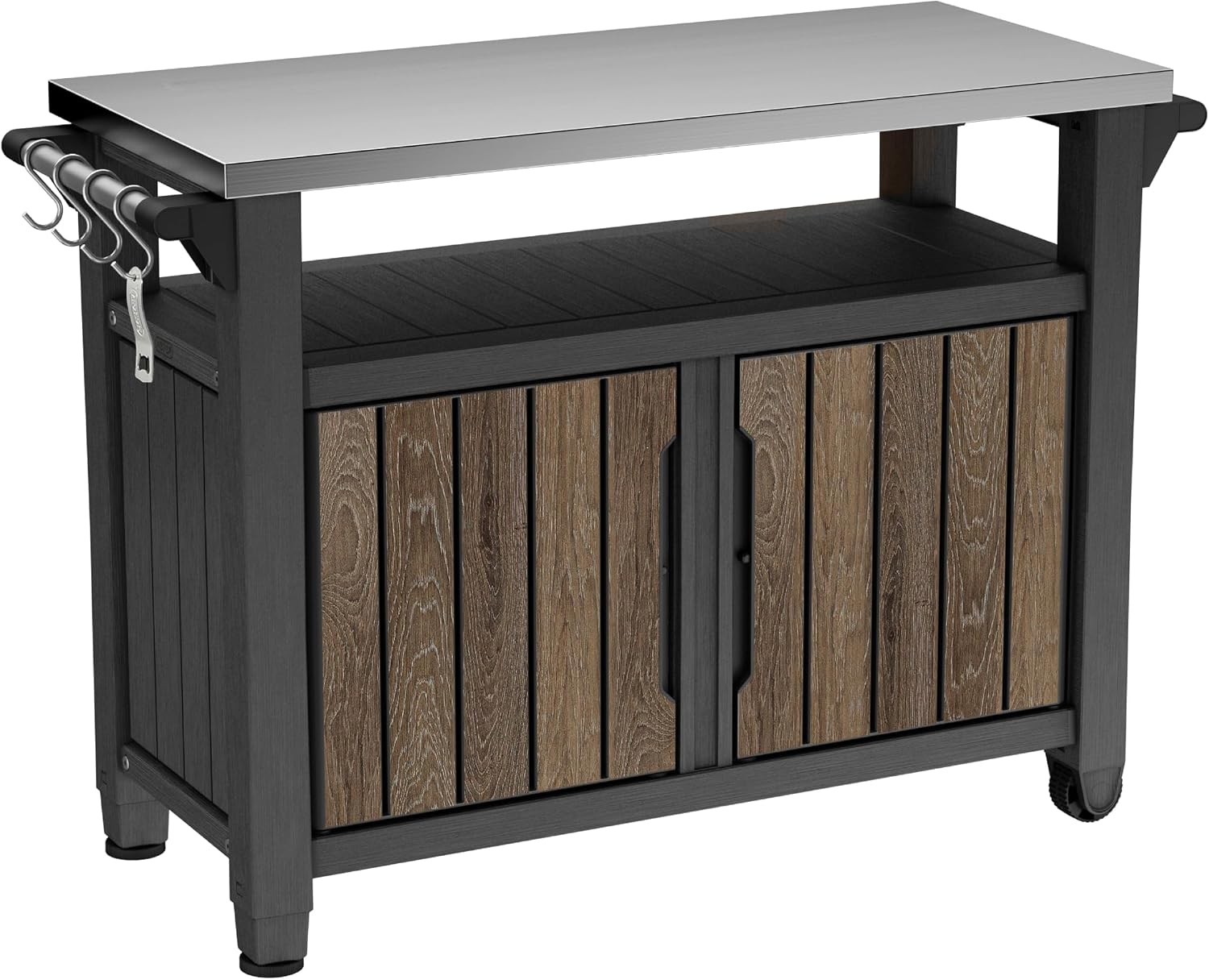 Portable Outdoor Table with Stainless Steel Top for Kitchen Prep and Outdoor Storage Cabinet for Grilling Accessories, Dark Grey