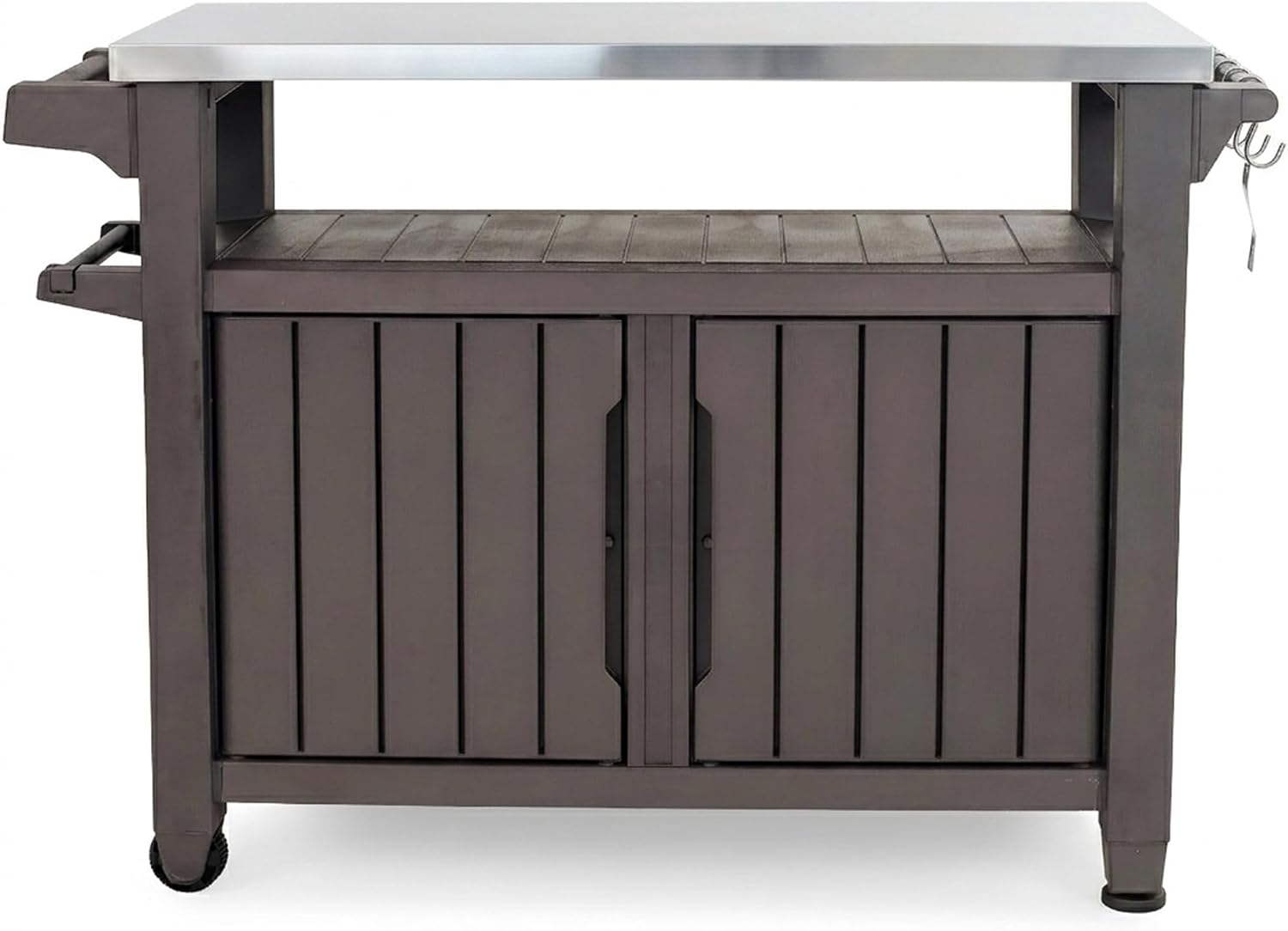 Portable Outdoor Table with Stainless Steel Top for Kitchen Prep and Outdoor Storage Cabinet for Grilling Accessories, Dark Grey