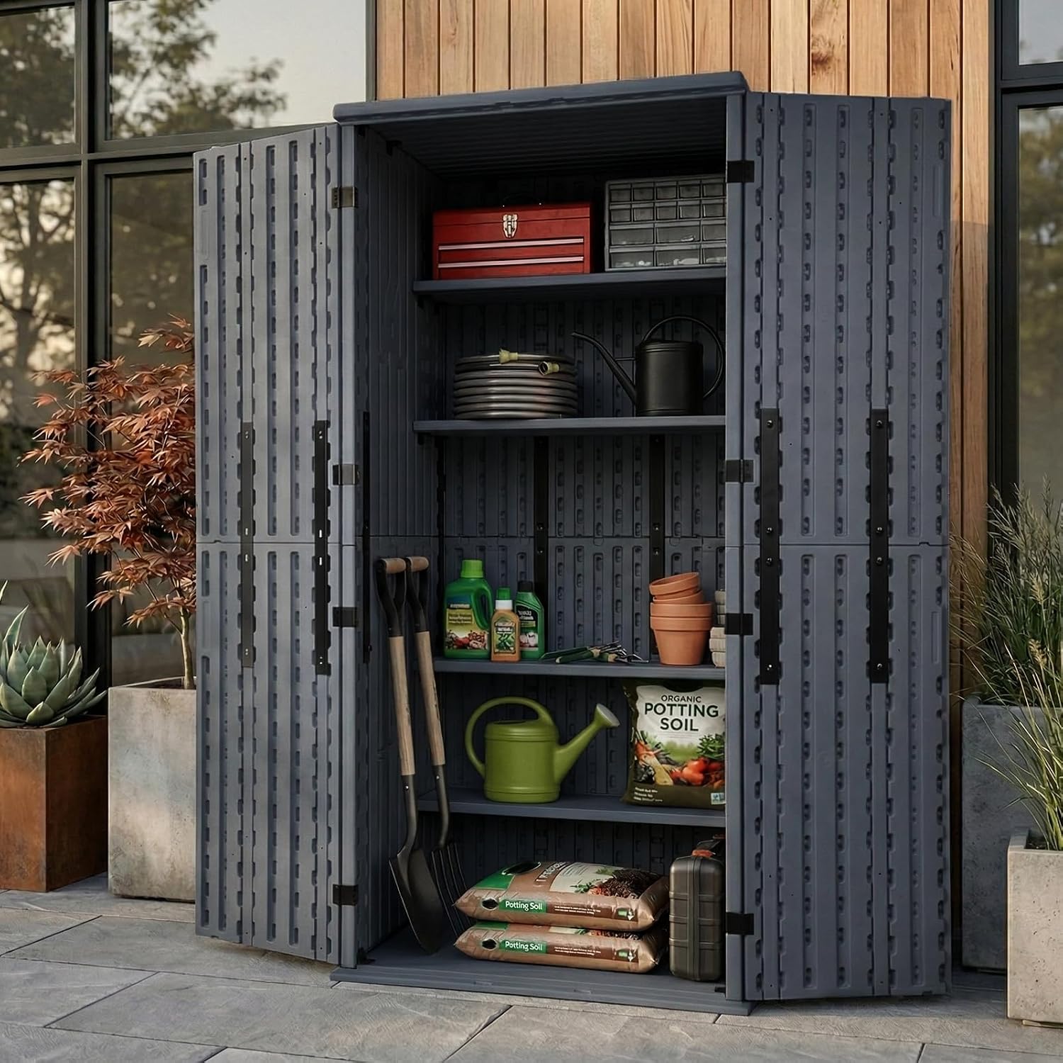 Heavy Duty Tall Storage Cabinet Outdoor Weatherproof, 28 Cuft Garage Storage Cabinet with 4 Adjustable Shelves, Lockable Kitchen Pantry Closer Organizer, 31Wx23Lx66H, Sage Grey