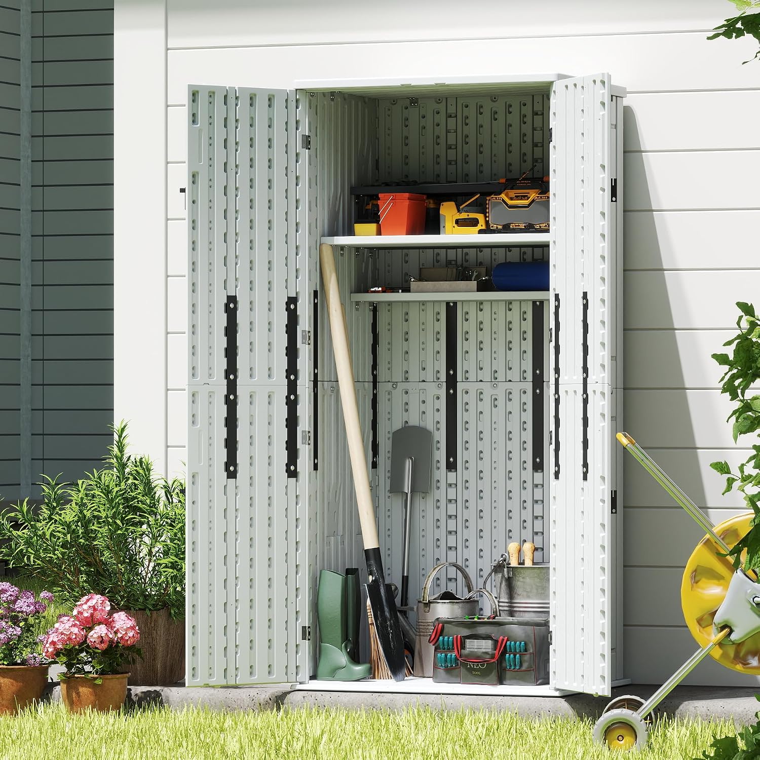 Heavy Duty Tall Storage Cabinet Outdoor Weatherproof, 28 Cuft Garage Storage Cabinet with 4 Adjustable Shelves, Lockable Kitchen Pantry Closer Organizer, 31Wx23Lx66H, Sage Grey