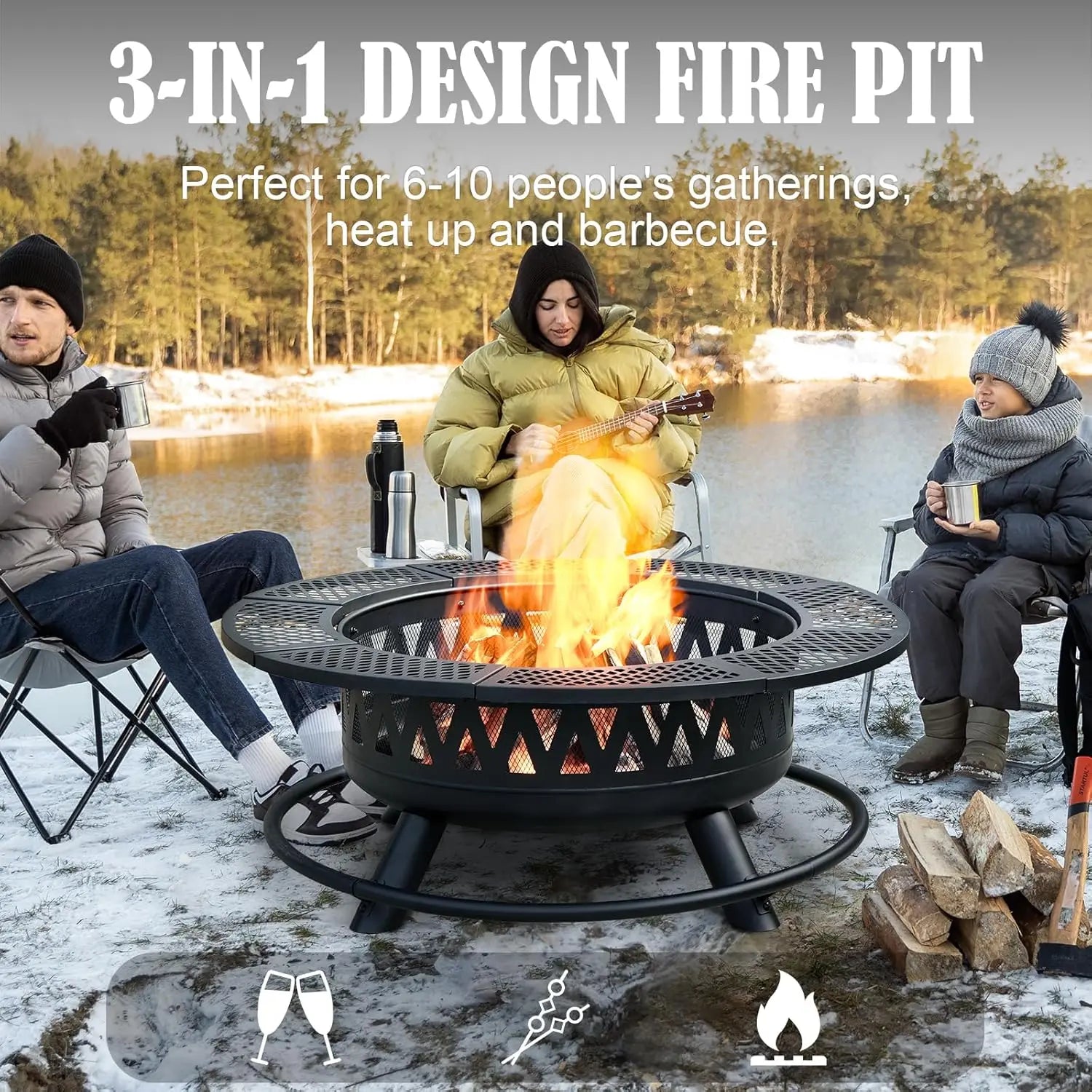 36/42/47-Inch Wood Burning Patio Fire Pit - 3-in-1 Round Metal Table with Lid, 2 Grills, Fire-Ring Safety, Floor Mount for Backyard Group Gatherings, Outdoor Use