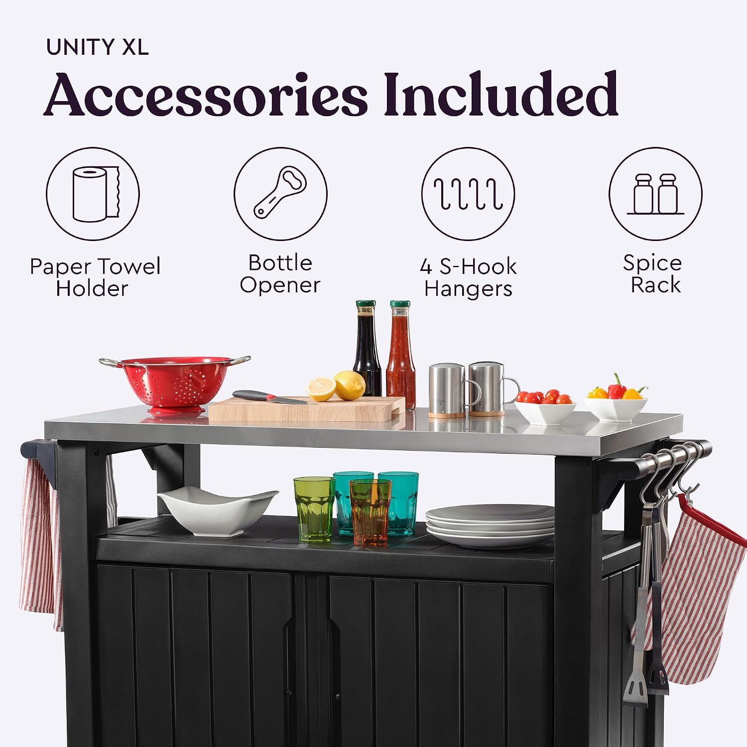 Portable Outdoor Table with Stainless Steel Top for Kitchen Prep and Outdoor Storage Cabinet for Grilling Accessories, Dark Grey