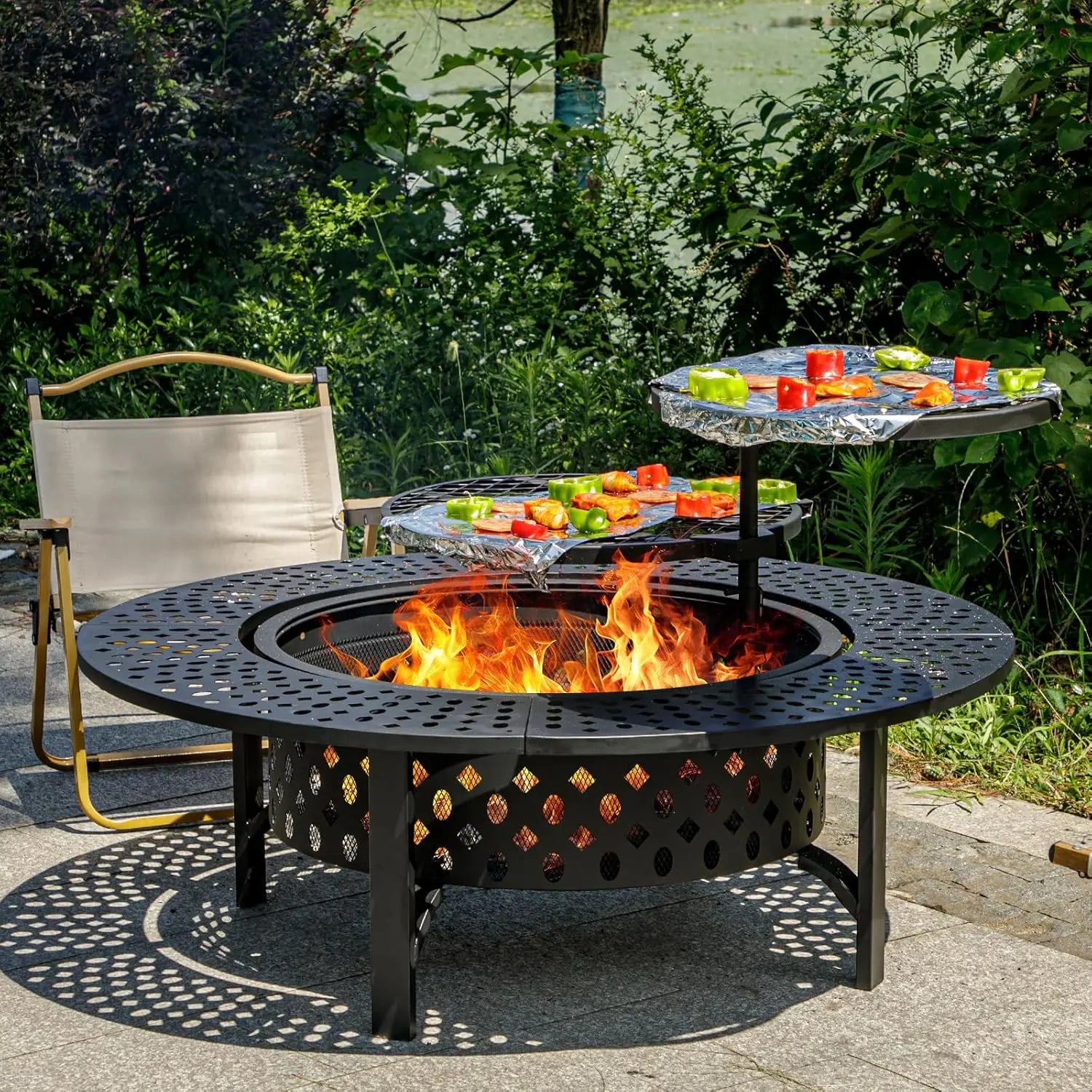 36/42/47-Inch Wood Burning Patio Fire Pit - 3-in-1 Round Metal Table with Lid, 2 Grills, Fire-Ring Safety, Floor Mount for Backyard Group Gatherings, Outdoor Use