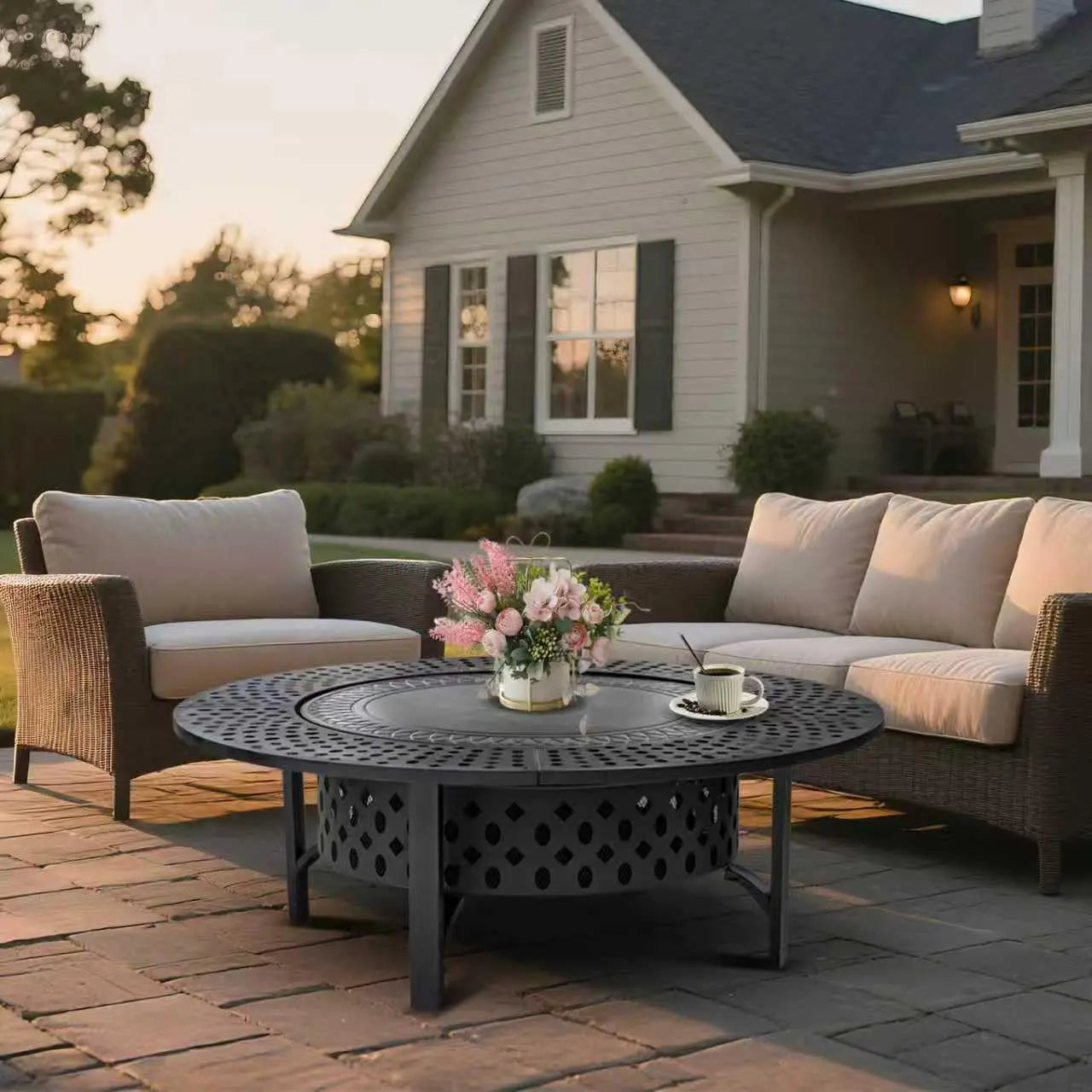 36/42/47-Inch Wood Burning Patio Fire Pit - 3-in-1 Round Metal Table with Lid, 2 Grills, Fire-Ring Safety, Floor Mount for Backyard Group Gatherings, Outdoor Use