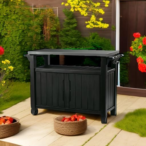 Portable Outdoor Table with Stainless Steel Top for Kitchen Prep and Outdoor Storage Cabinet for Grilling Accessories, Dark Grey