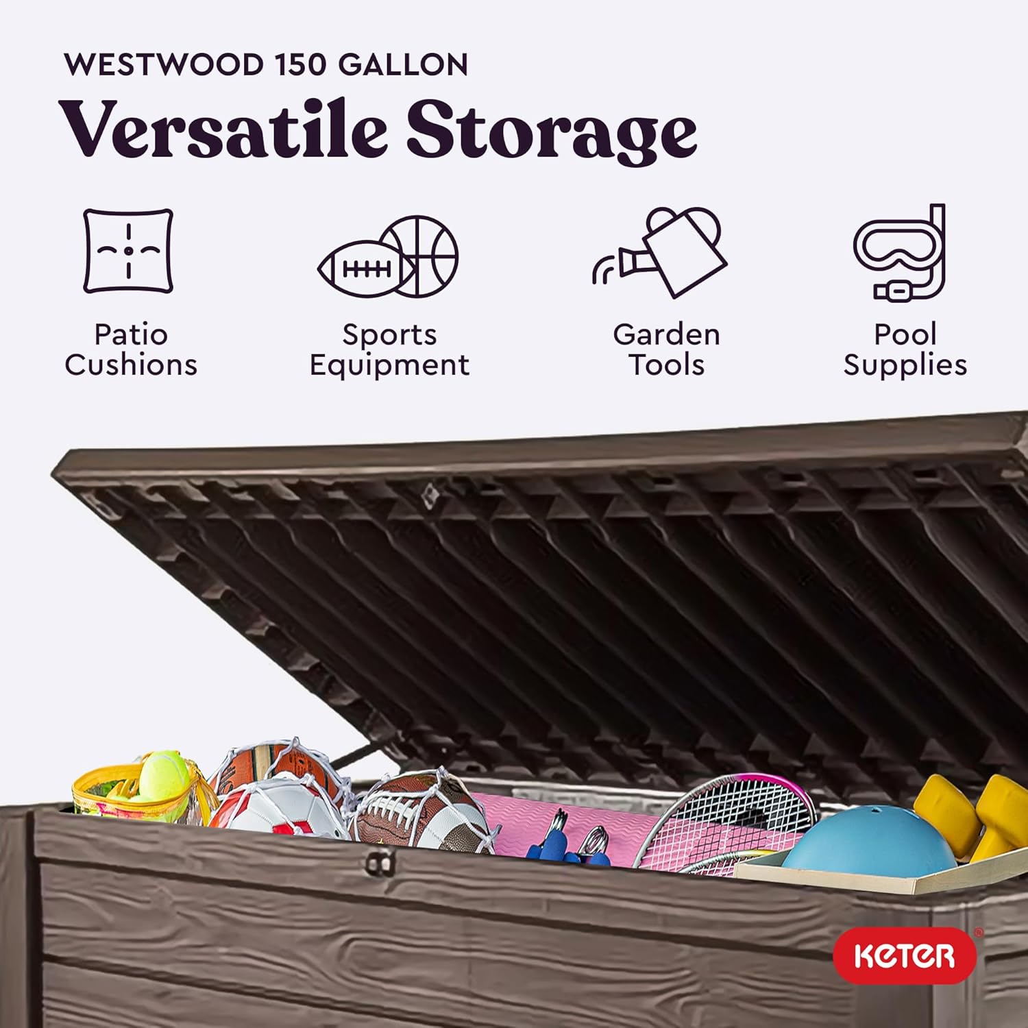 Westwood 150 Gal Outdoor Storage Box for Patio and Pool Accessories | Brown, Resin, Large, Weatherproof, Lockable, Hydraulic Pistons, Easy Assembly, Organization, Patio Cushions Storage