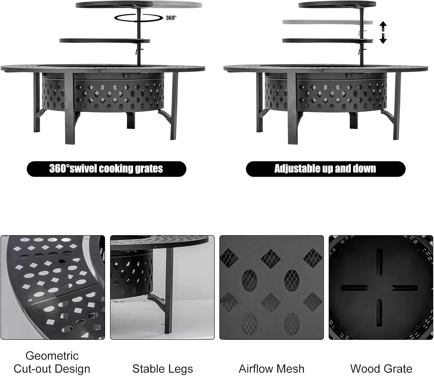 36/42/47-Inch Wood Burning Patio Fire Pit - 3-in-1 Round Metal Table with Lid, 2 Grills, Fire-Ring Safety, Floor Mount for Backyard Group Gatherings, Outdoor Use