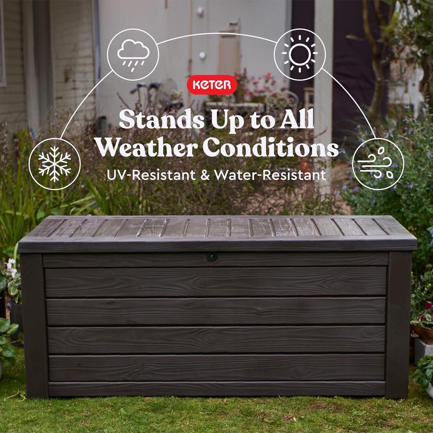 Westwood 150 Gal Outdoor Storage Box for Patio and Pool Accessories | Brown, Resin, Large, Weatherproof, Lockable, Hydraulic Pistons, Easy Assembly, Organization, Patio Cushions Storage