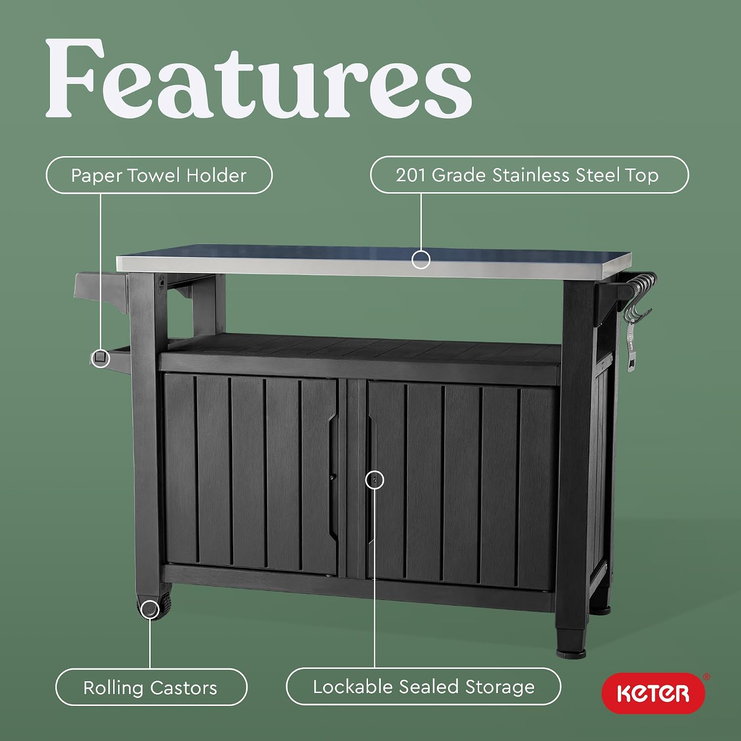 Portable Outdoor Table with Stainless Steel Top for Kitchen Prep and Outdoor Storage Cabinet for Grilling Accessories, Dark Grey