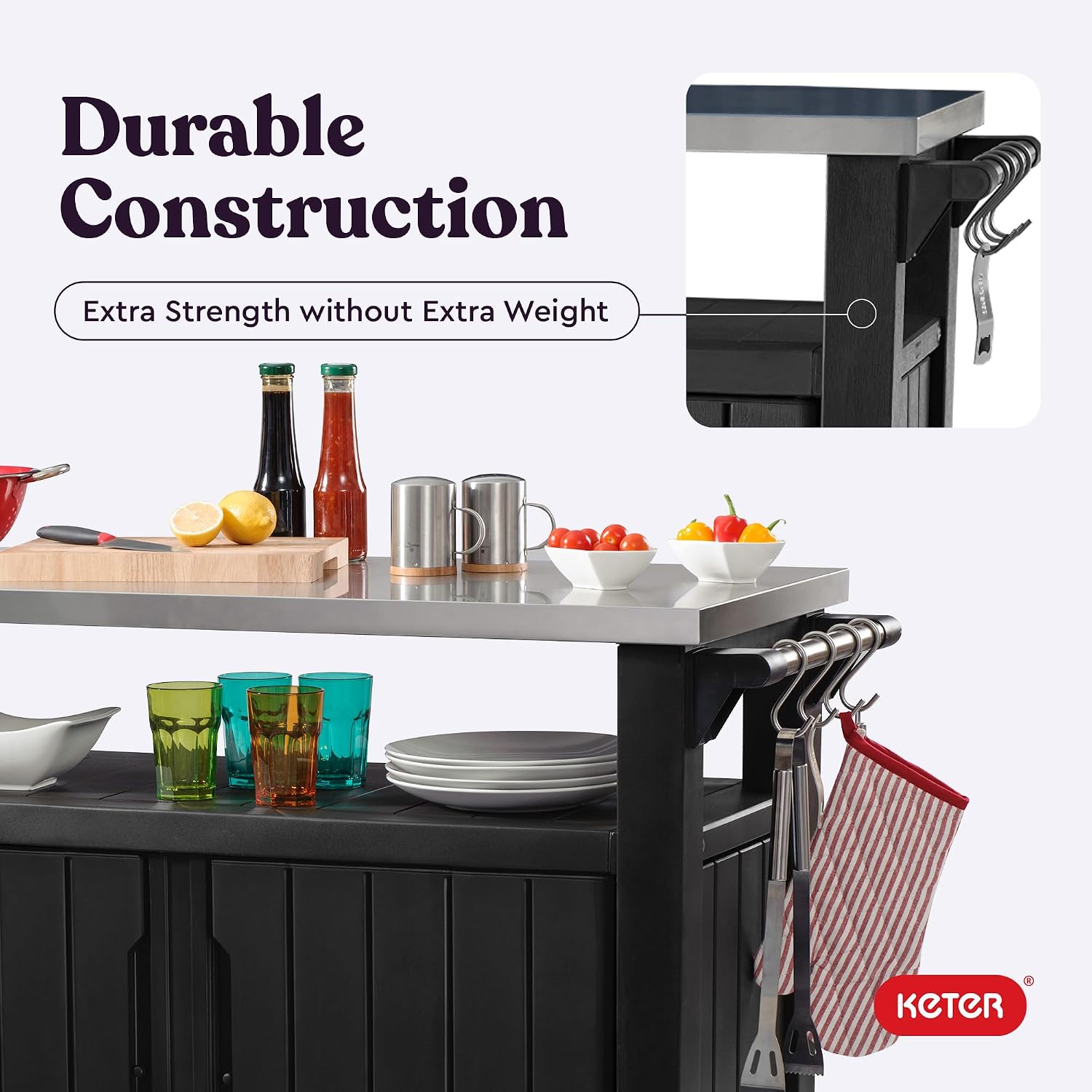Portable Outdoor Table with Stainless Steel Top for Kitchen Prep and Outdoor Storage Cabinet for Grilling Accessories, Dark Grey