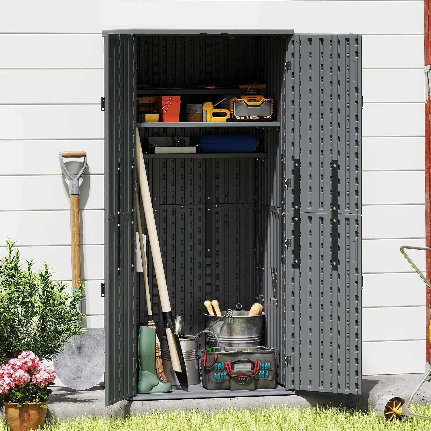 Heavy Duty Tall Storage Cabinet Outdoor Weatherproof, 28 Cuft Garage Storage Cabinet with 4 Adjustable Shelves, Lockable Kitchen Pantry Closer Organizer, 31Wx23Lx66H, Sage Grey