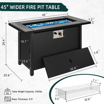 Steel Fire Pit Table, 45inch Outdoor Propane Fire Pit Ceramic Tabletop 50,000 BTU Rectangle Pit with Glass Tabletop and Waterproof Cover, Gas Fire Table for Garden,Patio, CSA Modern Safety