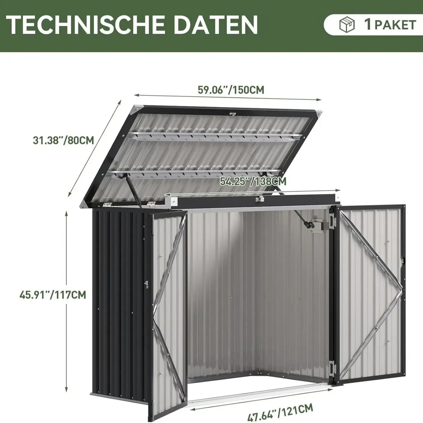 150 x 117 x 80 Waterproof Metal Storage Shed with Chain Lid, Outdoor Organizer for Trash Bins, Garden Tools & Toys, Perfect for Patio & Backyard