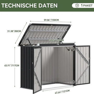150 x 117 x 80 Waterproof Metal Storage Shed with Chain Lid, Outdoor Organizer for Trash Bins, Garden Tools & Toys, Perfect for Patio & Backyard