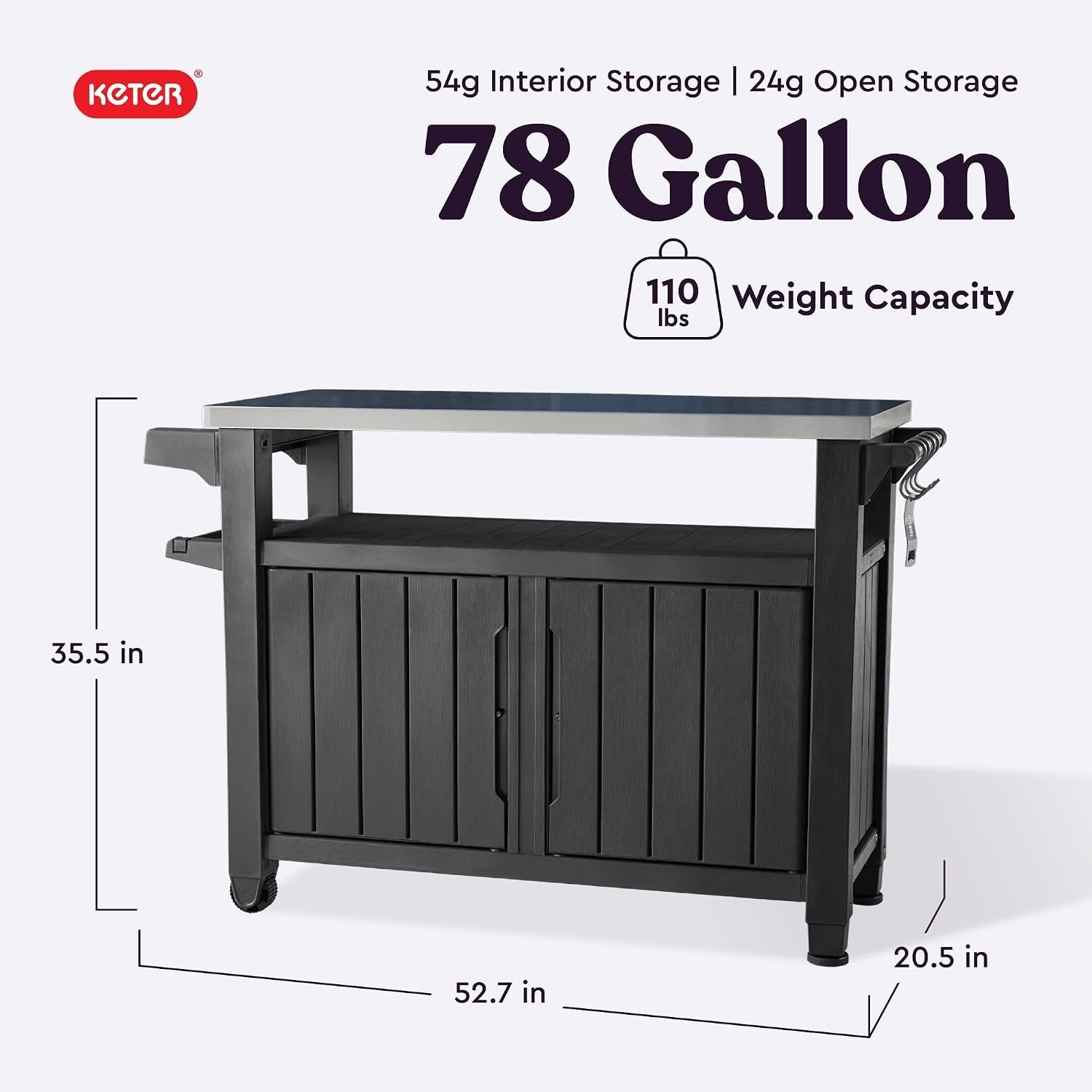 Portable Outdoor Table with Stainless Steel Top for Kitchen Prep and Outdoor Storage Cabinet for Grilling Accessories, Dark Grey