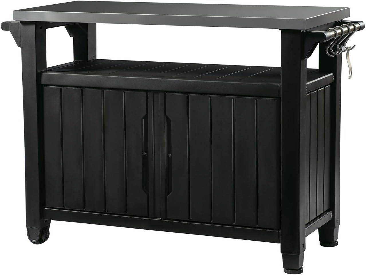 Portable Outdoor Table with Stainless Steel Top for Kitchen Prep and Outdoor Storage Cabinet for Grilling Accessories, Dark Grey
