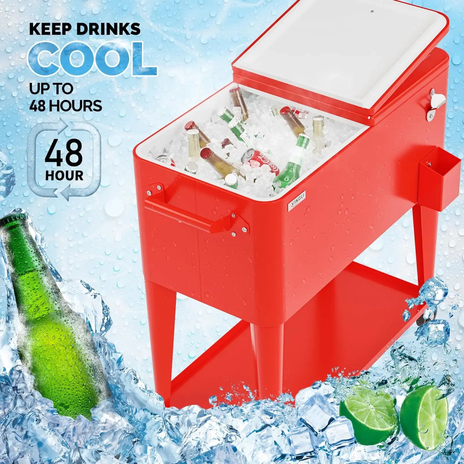 80 Quart Rolling Ice Chest on Wheels, Portable Patio Party Bar Drink Cooler Cart, with Shelf, Beverage Pool with Bottle Opener,Water Pipe Fathersdaygift