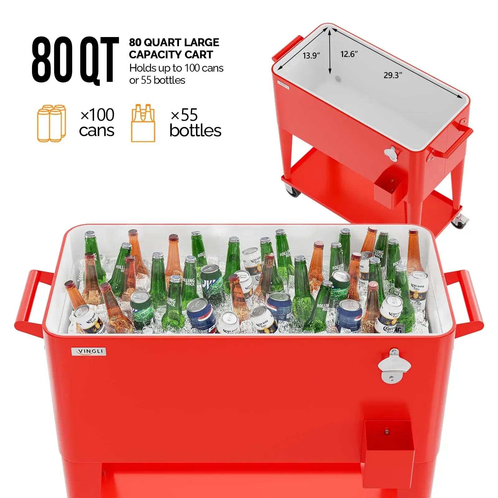 80 Quart Rolling Ice Chest on Wheels, Portable Patio Party Bar Drink Cooler Cart, with Shelf, Beverage Pool with Bottle Opener,Water Pipe Fathersdaygift