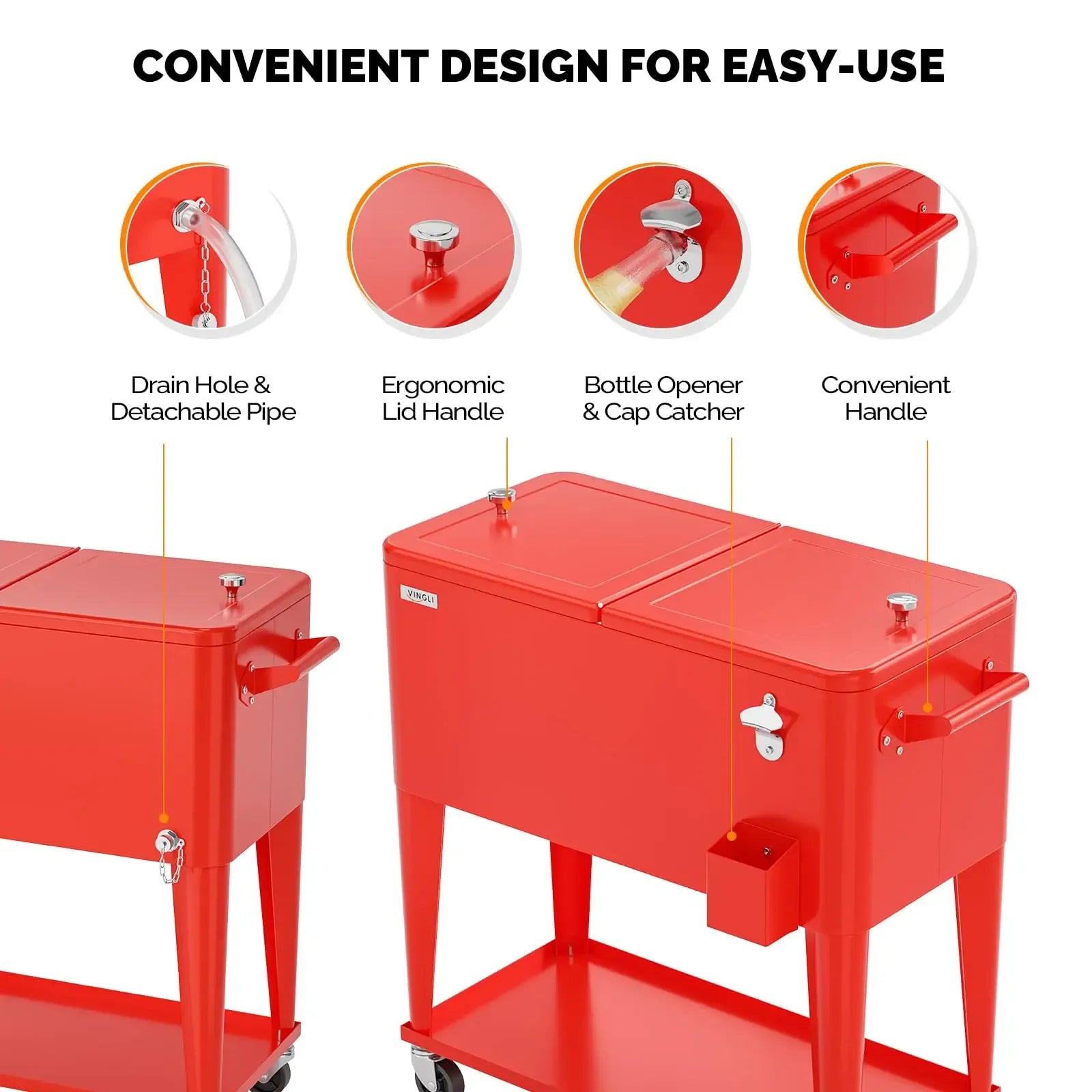 80 Quart Rolling Ice Chest on Wheels, Portable Patio Party Bar Drink Cooler Cart, with Shelf, Beverage Pool with Bottle Opener,Water Pipe Fathersdaygift
