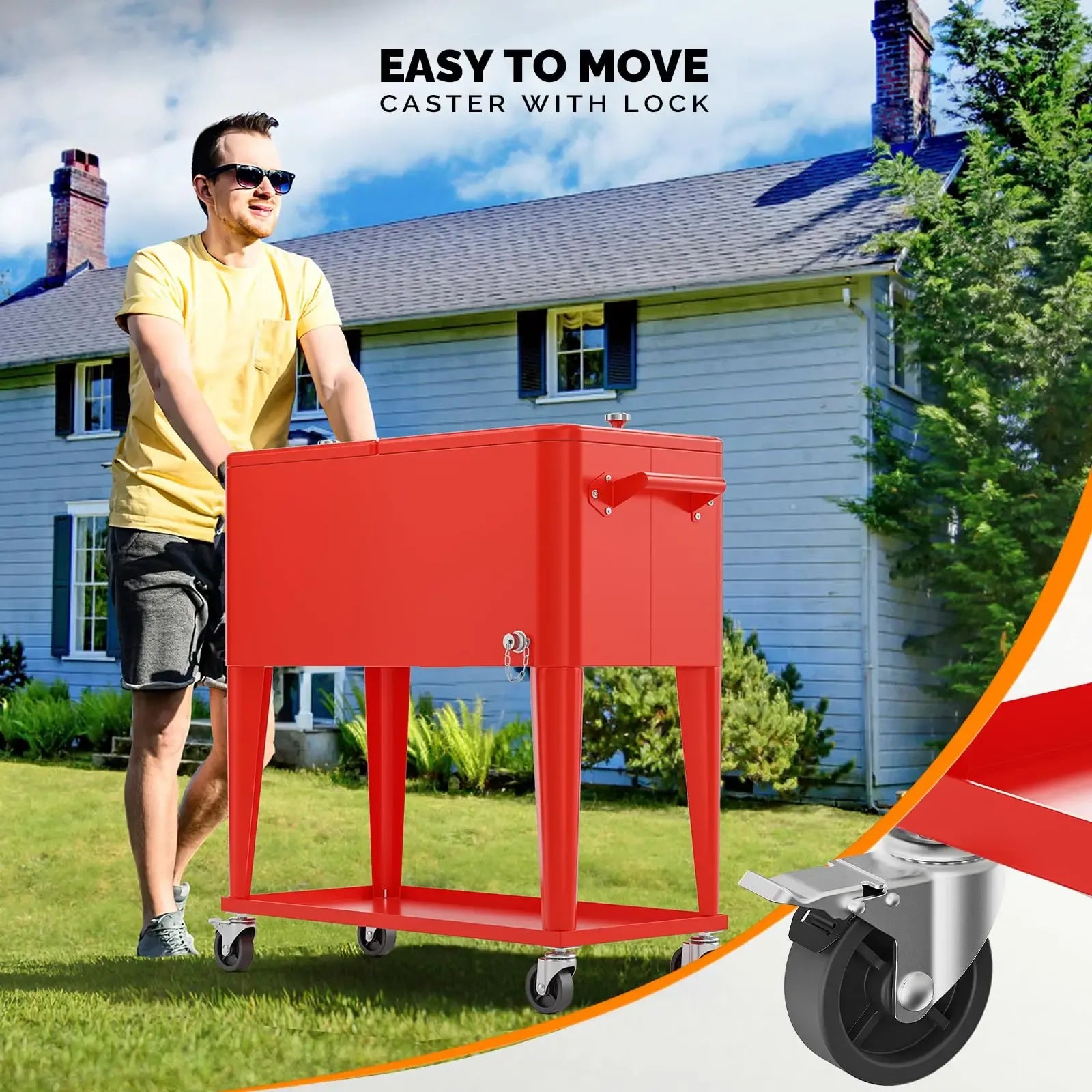 80 Quart Rolling Ice Chest on Wheels, Portable Patio Party Bar Drink Cooler Cart, with Shelf, Beverage Pool with Bottle Opener,Water Pipe Fathersdaygift