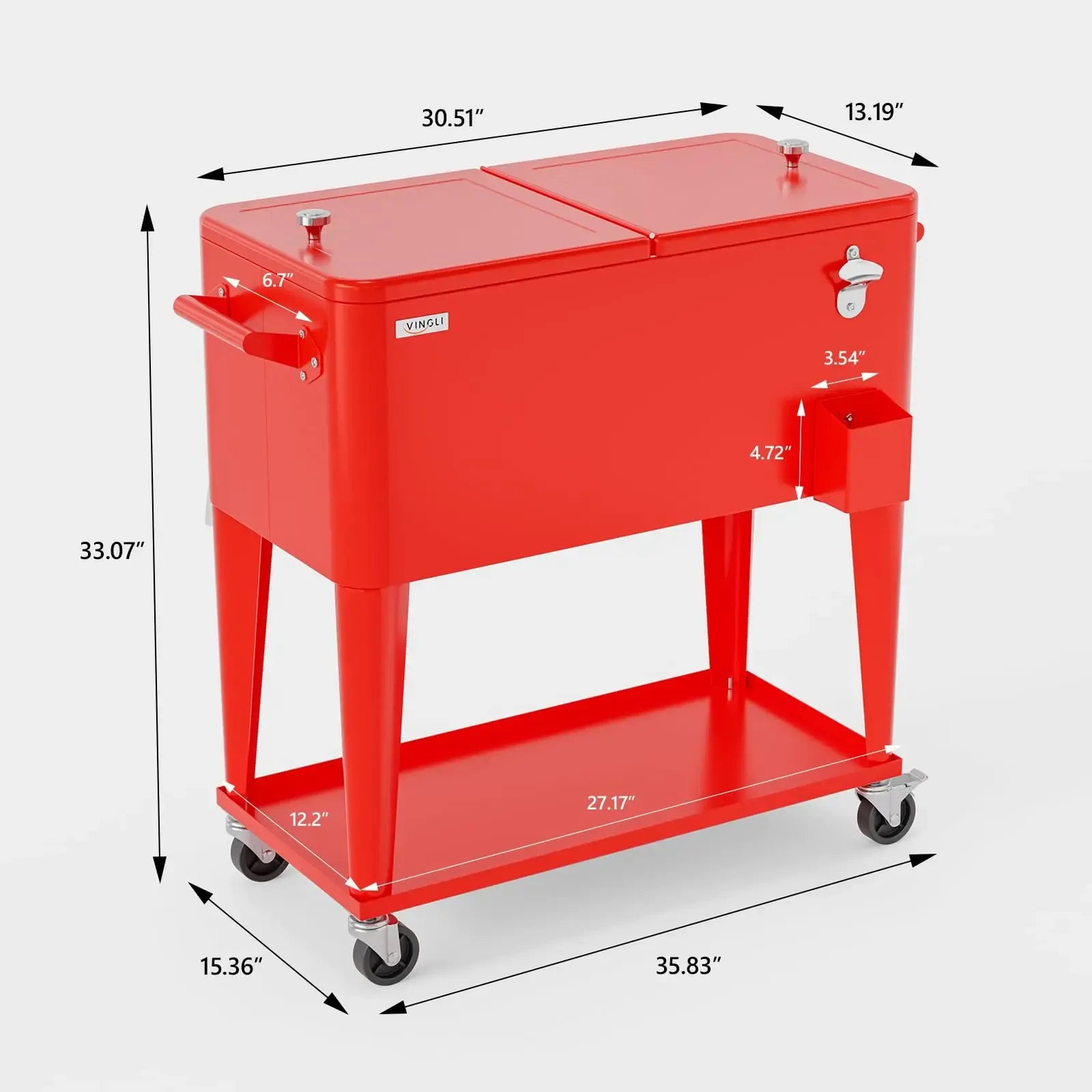 80 Quart Rolling Ice Chest on Wheels, Portable Patio Party Bar Drink Cooler Cart, with Shelf, Beverage Pool with Bottle Opener,Water Pipe Fathersdaygift