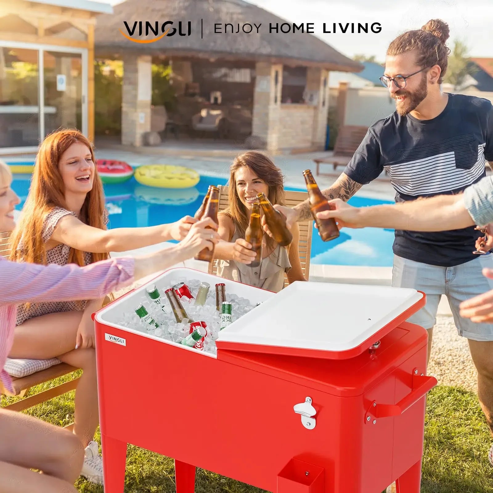 80 Quart Rolling Ice Chest on Wheels, Portable Patio Party Bar Drink Cooler Cart, with Shelf, Beverage Pool with Bottle Opener,Water Pipe Fathersdaygift