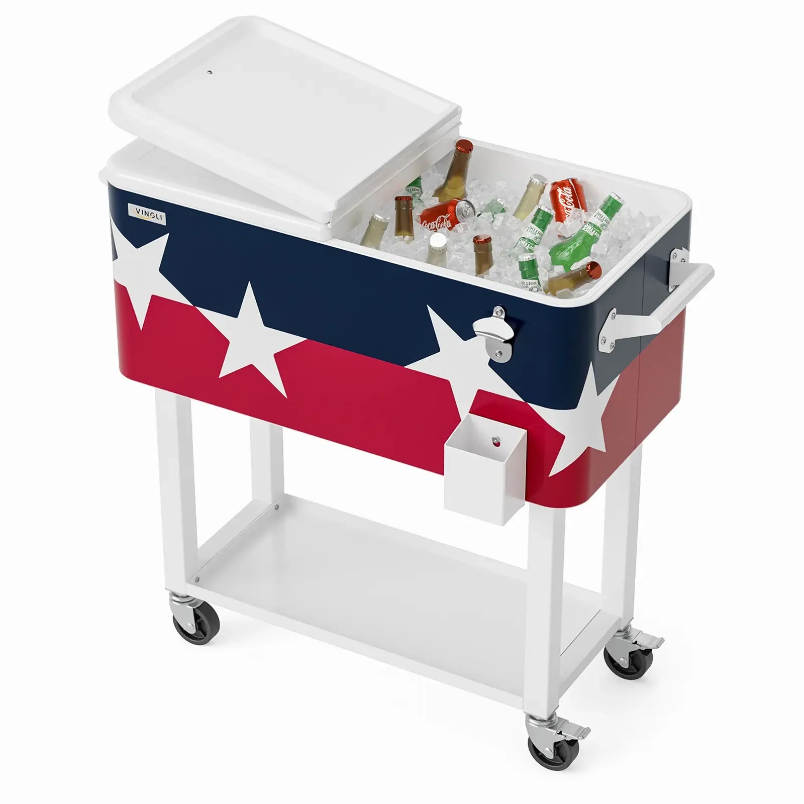 80 Quart Rolling Ice Chest on Wheels, Portable Patio Party Bar Drink Cooler Cart, with Shelf, Beverage Pool with Bottle Opener,Water Pipe Fathersdaygift