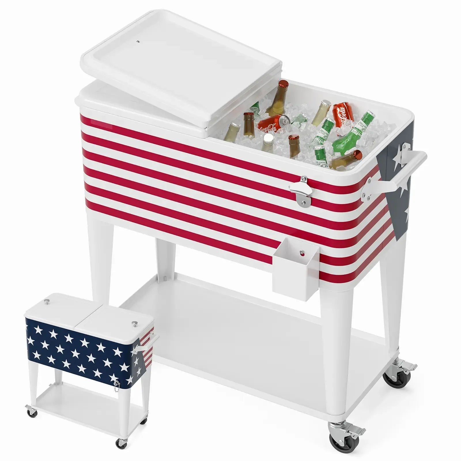80 Quart Rolling Ice Chest on Wheels, Portable Patio Party Bar Drink Cooler Cart, with Shelf, Beverage Pool with Bottle Opener,Water Pipe Fathersdaygift