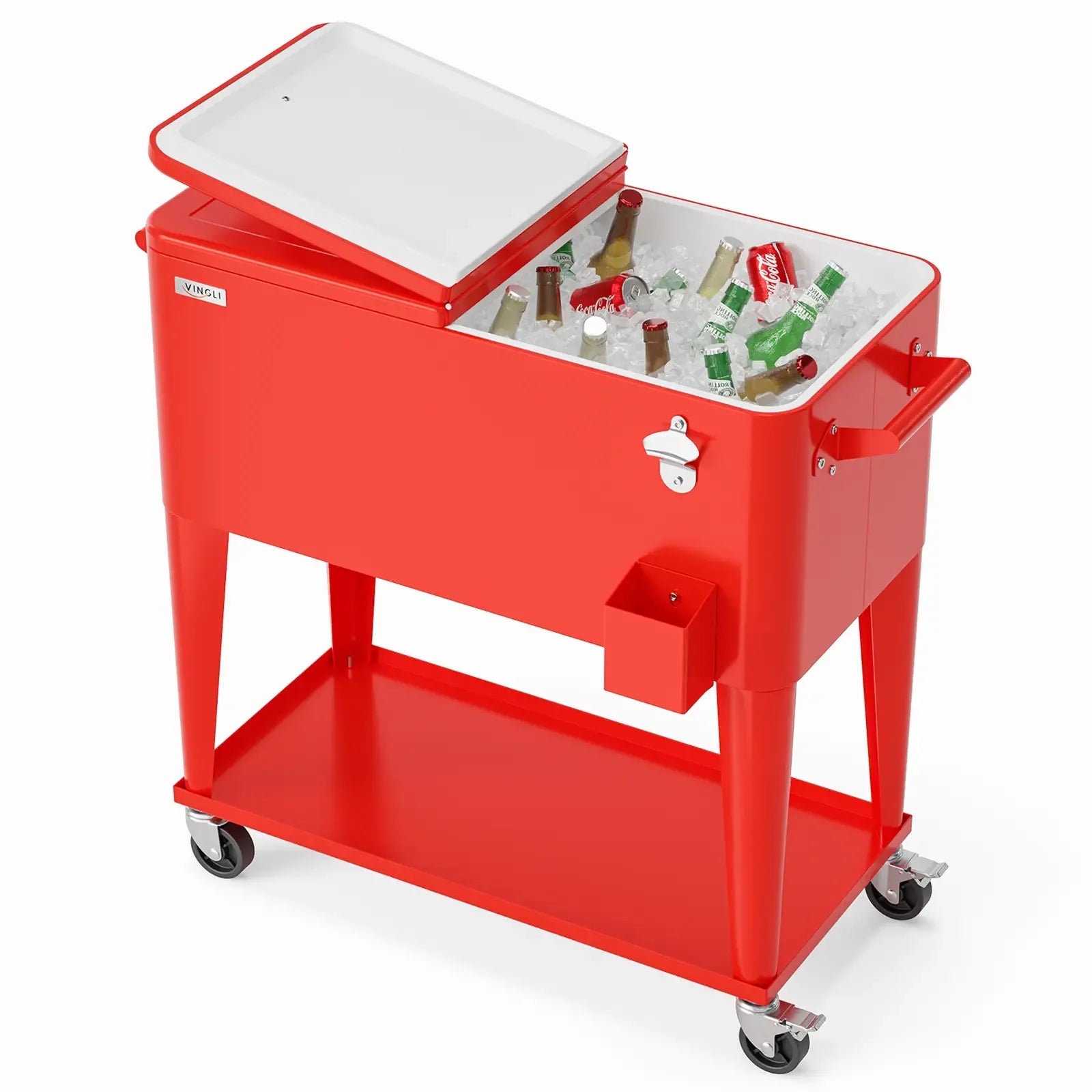 80 Quart Rolling Ice Chest on Wheels, Portable Patio Party Bar Drink Cooler Cart, with Shelf, Beverage Pool with Bottle Opener,Water Pipe Fathersdaygift