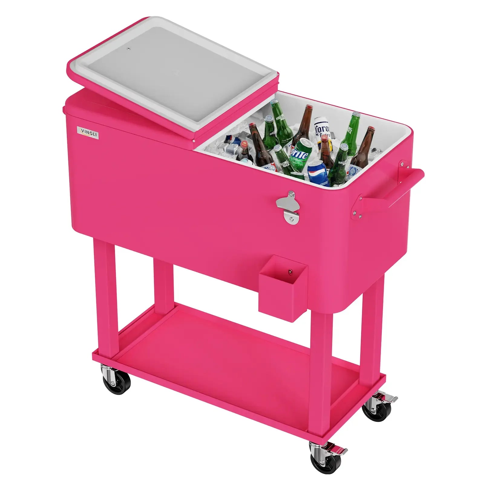 80 Quart Rolling Ice Chest on Wheels, Portable Patio Party Bar Drink Cooler Cart, with Shelf, Beverage Pool with Bottle Opener,Water Pipe Fathersdaygift