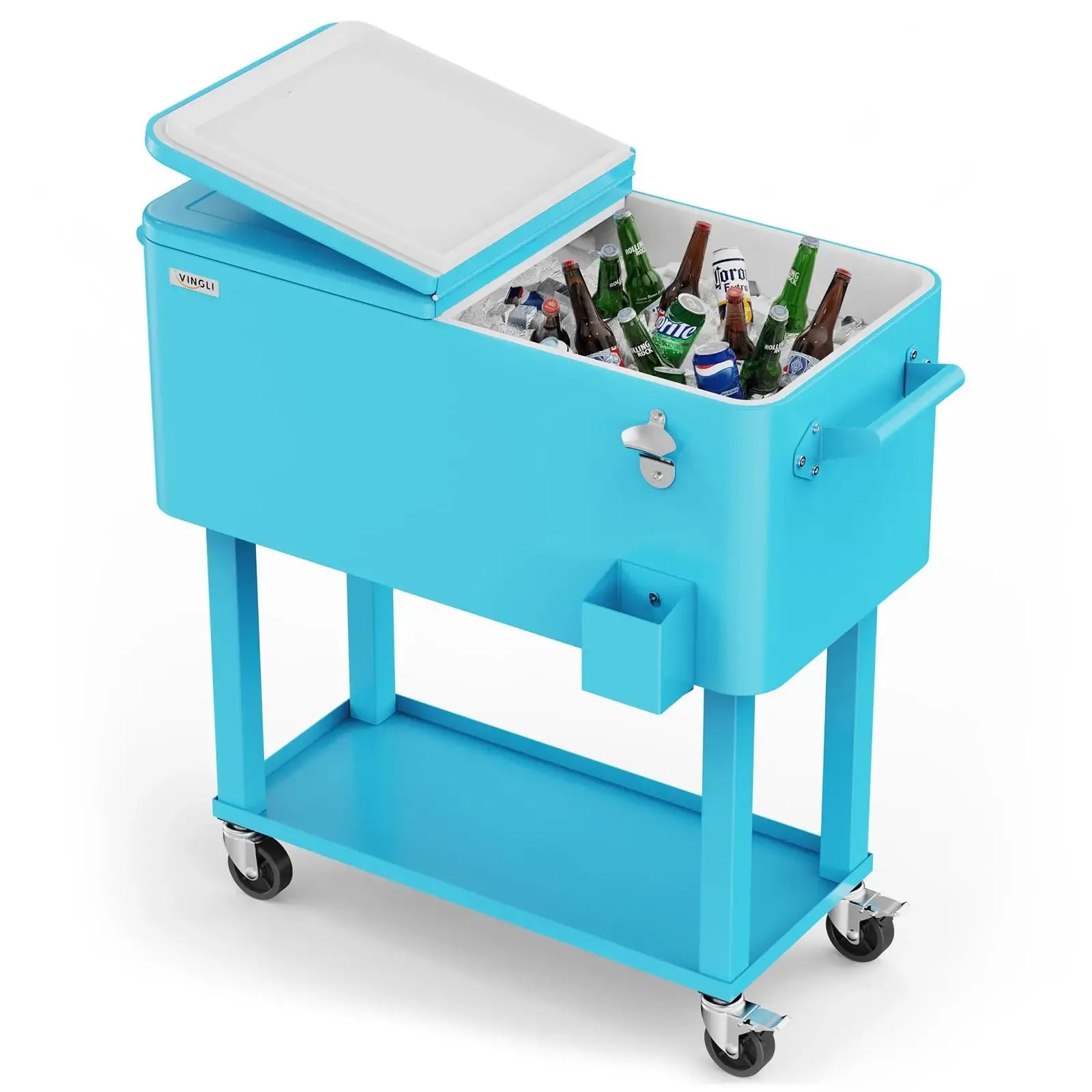 80 Quart Rolling Ice Chest on Wheels, Portable Patio Party Bar Drink Cooler Cart, with Shelf, Beverage Pool with Bottle Opener,Water Pipe Fathersdaygift