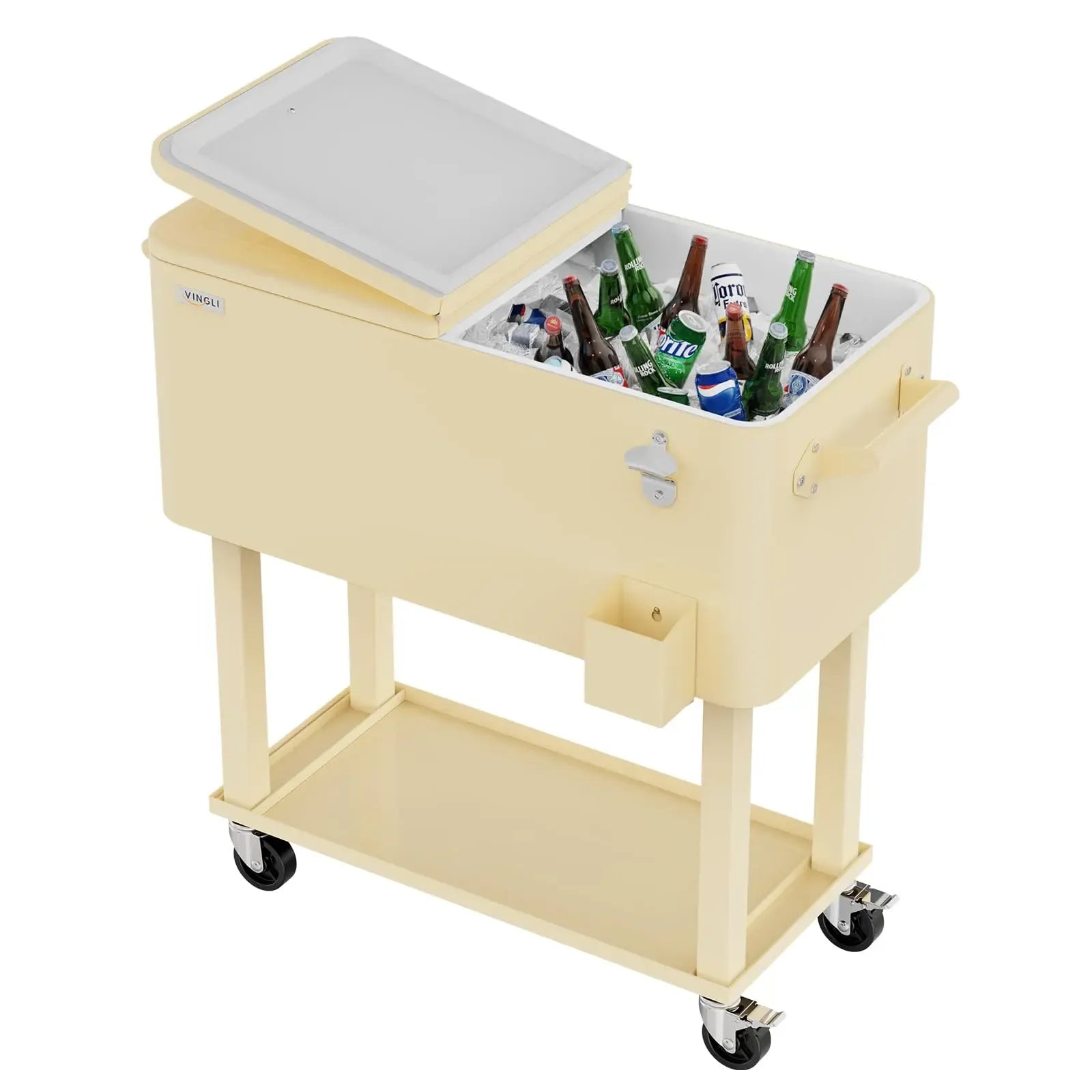 80 Quart Rolling Ice Chest on Wheels, Portable Patio Party Bar Drink Cooler Cart, with Shelf, Beverage Pool with Bottle Opener,Water Pipe Fathersdaygift