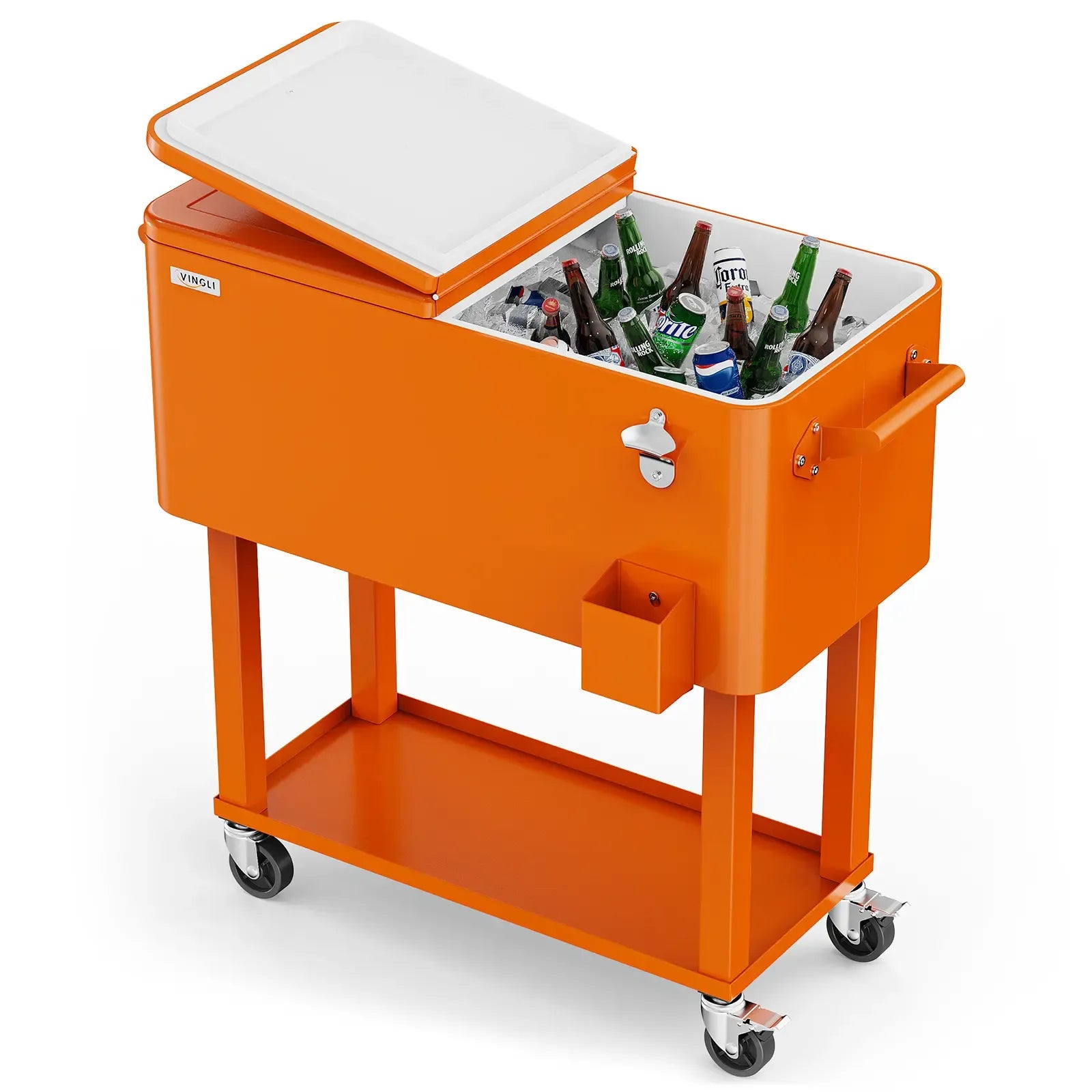 80 Quart Rolling Ice Chest on Wheels, Portable Patio Party Bar Drink Cooler Cart, with Shelf, Beverage Pool with Bottle Opener,Water Pipe Fathersdaygift