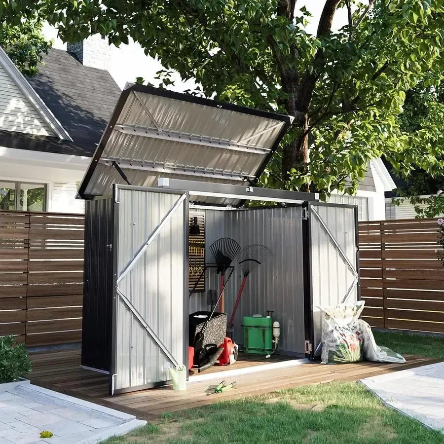 150 x 117 x 80 Waterproof Metal Storage Shed with Chain Lid, Outdoor Organizer for Trash Bins, Garden Tools & Toys, Perfect for Patio & Backyard
