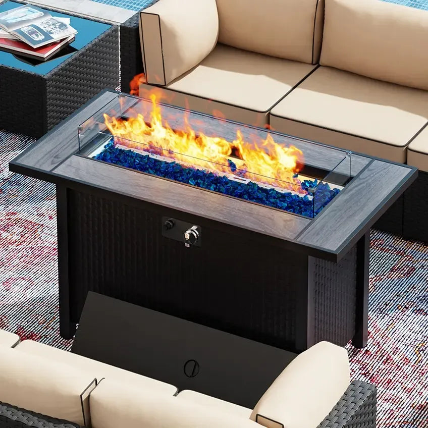 Steel Fire Pit Table, 45inch Outdoor Propane Fire Pit Ceramic Tabletop 50,000 BTU Rectangle Pit with Glass Tabletop and Waterproof Cover, Gas Fire Table for Garden,Patio, CSA Modern Safety