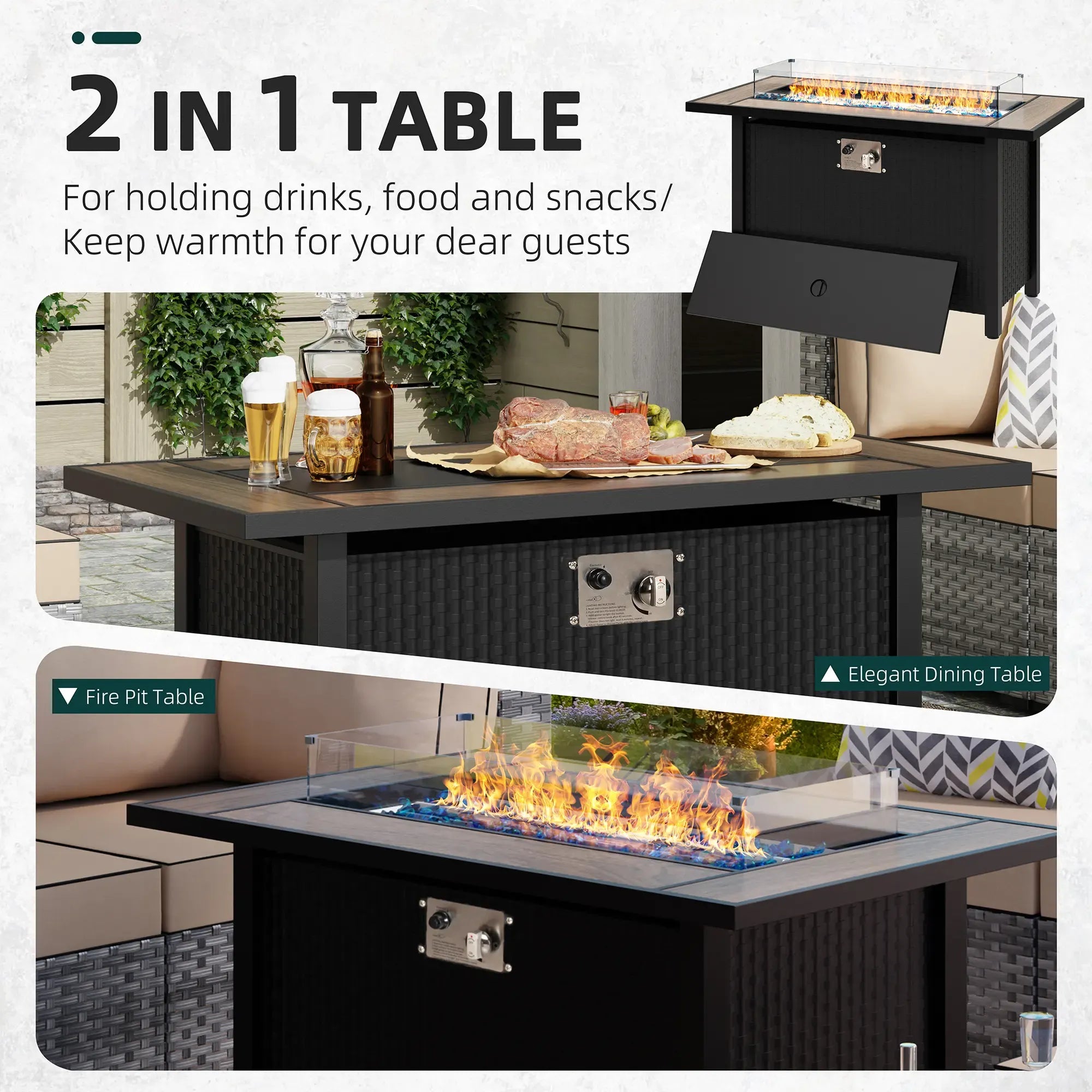 Steel Fire Pit Table, 45inch Outdoor Propane Fire Pit Ceramic Tabletop 50,000 BTU Rectangle Pit with Glass Tabletop and Waterproof Cover, Gas Fire Table for Garden,Patio, CSA Modern Safety