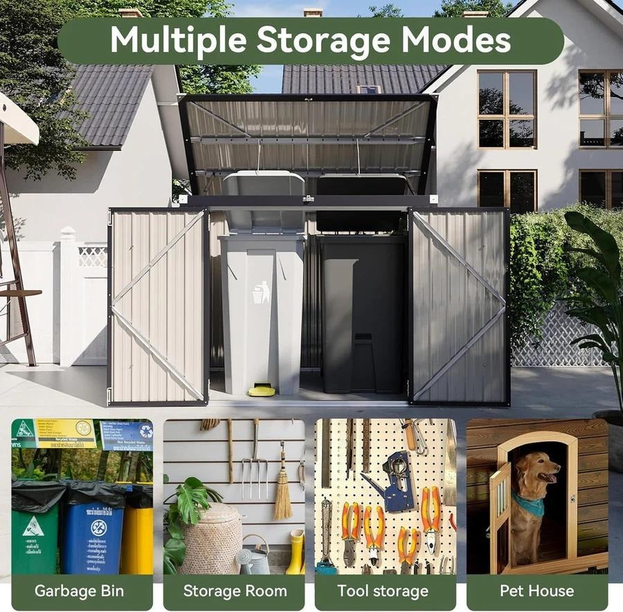 150 x 117 x 80 Waterproof Metal Storage Shed with Chain Lid, Outdoor Organizer for Trash Bins, Garden Tools & Toys, Perfect for Patio & Backyard